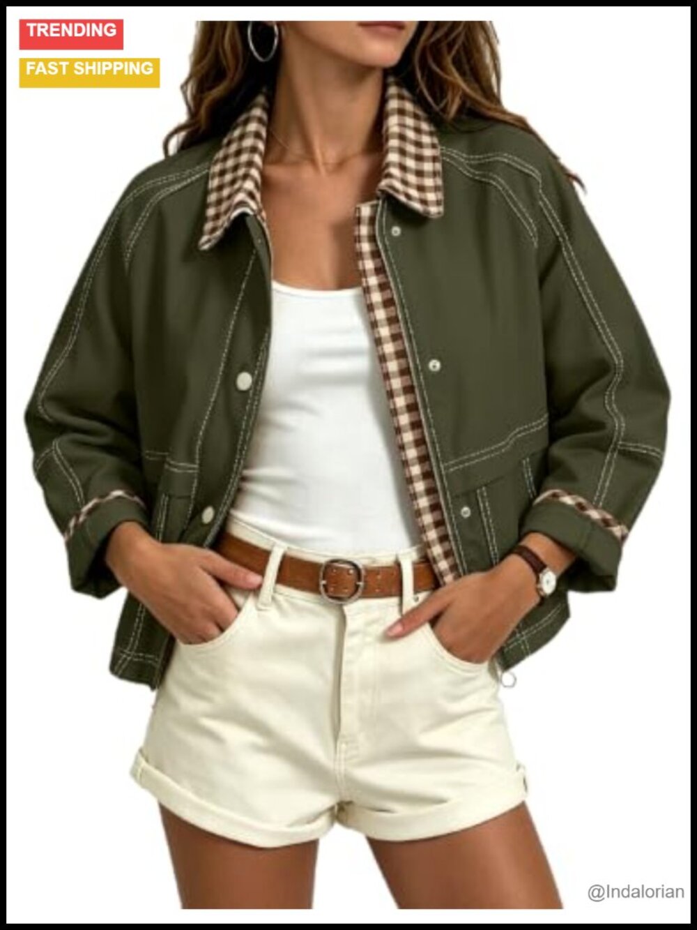 Women's Cropped Plaid Barn Jacket Lightweight Bomber Coat